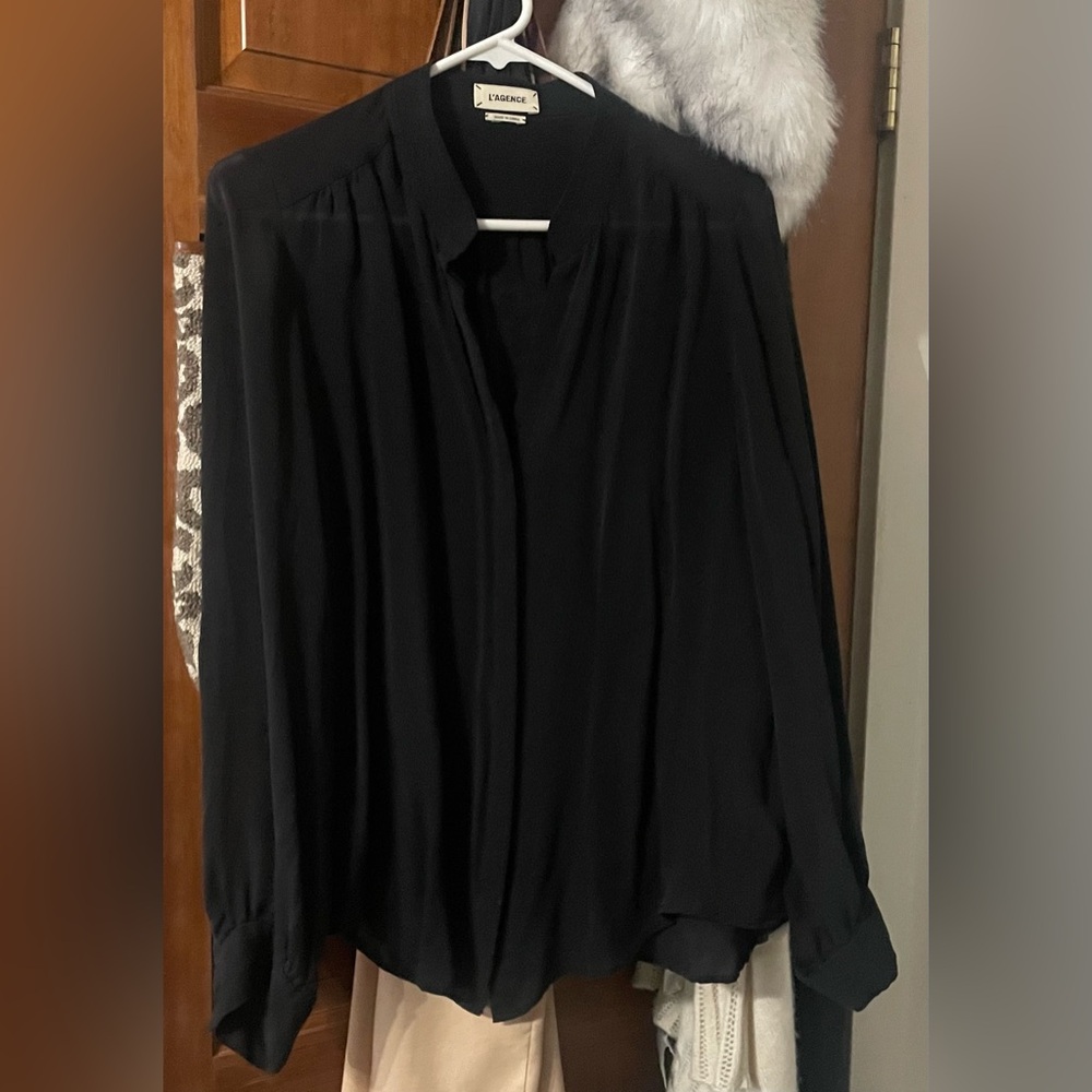 L'AGENCE Black Long-Sleeve Semi Sheer 100% Silk Blouse 🖤